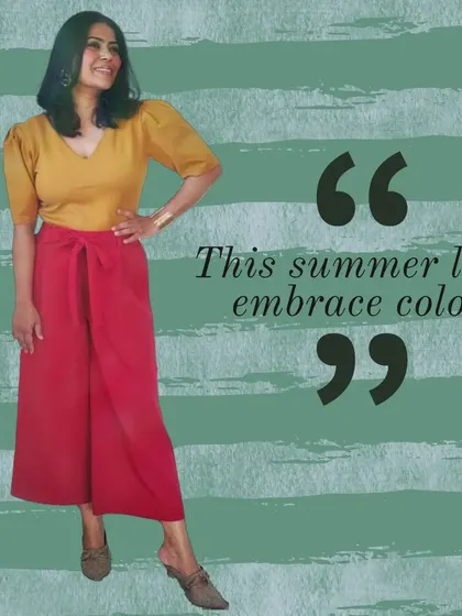 This summer, let's embrace color! Don't be afraid to move beyond neutrals. This combination of a mustard yellow top and bright red wrap pants is fun, vibrant, and perfect for warm weather.