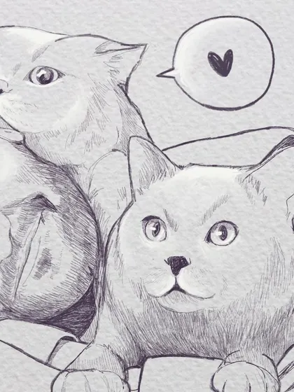 A close-up of the fluffy cat family. I used a digital pencil style to create a soft, sketchy texture that feels warm and personal.