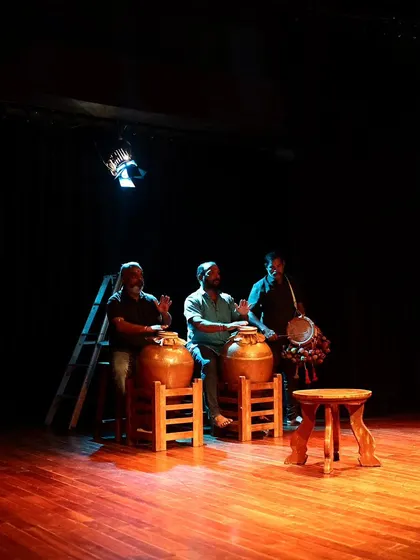 The musicians for "Shaiva Koothu" during the tech run.