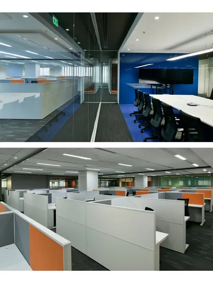 A collage showing different workstation configurations, from private cubicles with bold color accents to sleek, open-plan layouts. This highlights our ability to tailor interior solutions to diverse client needs and work styles.