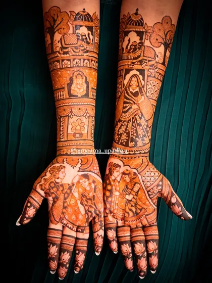This is my signature style of bridal mehandi. It combines traditional figures, scenes, and intricate patterns to create a full and rich story.