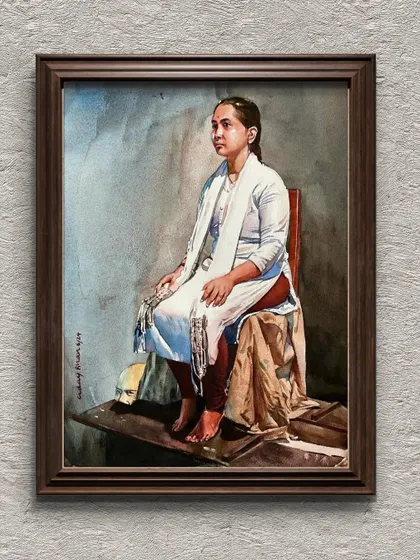 The same figure painting, presented in a digital frame to show how it would look as a piece of home decor.