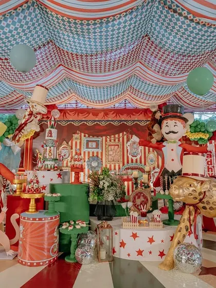 Welcome to the grandest show on earth. This wide view of the 'Cirque Royale' birthday party showcases the scale of my themed events, with dozens of custom-built props, a vibrant color palette, and a fully realized circus world designed to spark wonder and joy.