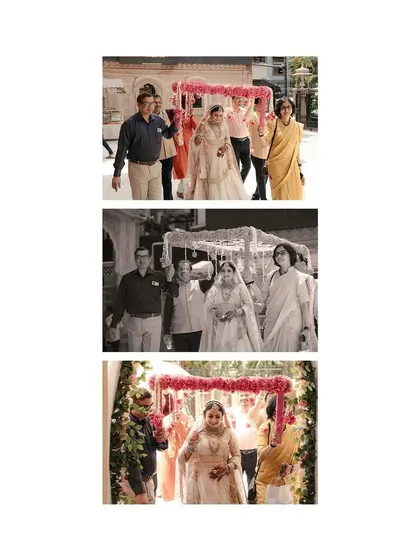 The bride's procession during her intimate temple wedding, surrounded by her closest family.