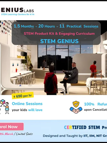 We offer 11 practical sessions over 1.5 months in our STEM Genius program. The online sessions are engaging and come with a STEM product kit for hands-on learning.