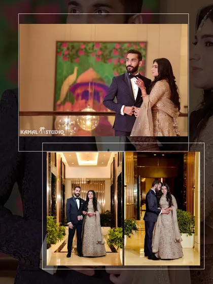 A collection of elegant engagement portraits of a couple in a modern hotel lobby, showcasing their sophisticated style.