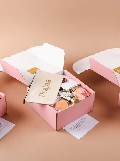 An overhead shot of the bridesmaid proposal boxes, showing the consistent and beautiful curation for the whole bride squad.