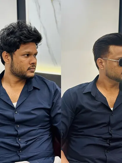 From an overgrown style to a sharp, polished look. This men's haircut transformation includes a clean fade and precise styling, topped off with sunglasses for extra attitude.