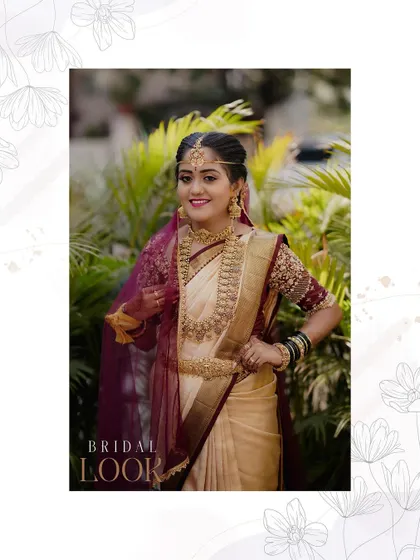 A lovely "Bridal Look" portrait, with a floral graphic overlay that adds a soft and romantic touch.