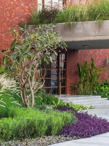The entrance to the corporate building is framed by layers of green. I used a mix of low ground cover, flowering shrubs, and tall grasses to build a multi-dimensional and inviting entryway.