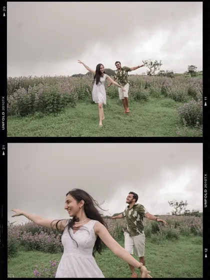 A diptych capturing the couple running freely and happily through the flower field.
