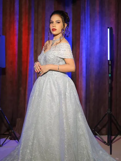 A full-length shot of the silver-grey princess gown, showcasing its volume and sparkle under studio lights.