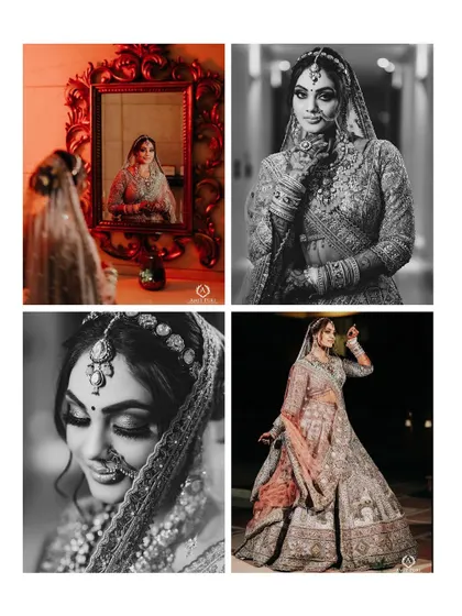 A collage of monochrome bridal portraits. The different angles and expressions, from pensive to smiling, create a complete and artistic study of the bride on her wedding day.