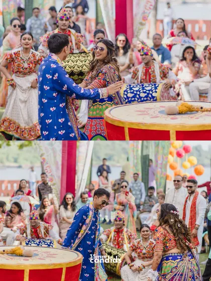A collage of the couple dancing and enjoying their colorful Mehendi event, surrounded by friends and family.