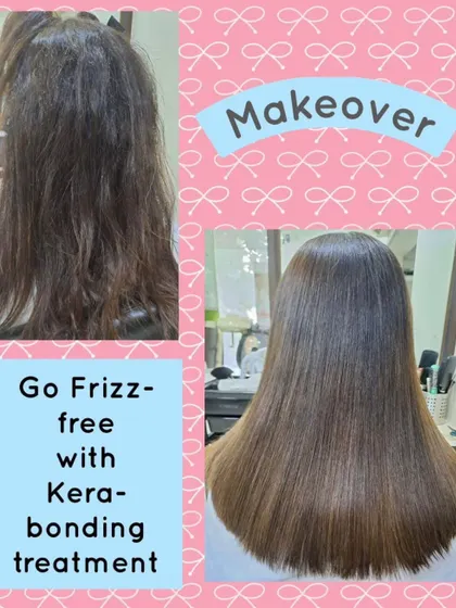 This is a perfect example of our Kera-bonding treatment at work. We took frizzy, slightly coarse hair and transformed it into a smooth, straight style that looks and feels incredibly soft to the touch.