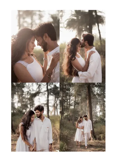 A collage of four romantic pre-wedding photos taken in a forest setting. The couple, dressed in white, stands out beautifully against the natural greenery.