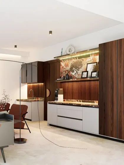We repurposed leftover marble to create these distinctive shelves for a pantry. This simple and elegant intervention weaves together rich veneer and smooth duco finishes, creating a refined entrance experience that feels both custom and luxurious.