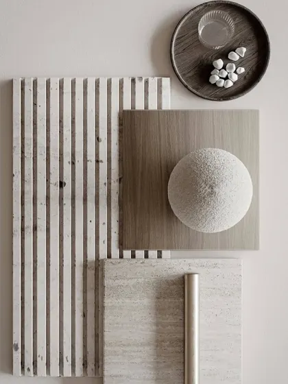 A palette of some of my favorite materials. I love the combination of natural stone, fluted surfaces, and warm wood to create interiors that are tactile and inviting.
