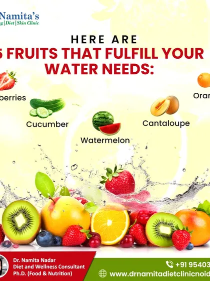 Staying hydrated is crucial, and you can eat your water too. This graphic shows five fruits with high water content, like watermelon, cucumber, and strawberries, that can help you meet your daily hydration needs.