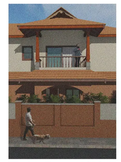 This render shows how our designs can be adapted to an urban context. A well-designed balcony with a traditional wooden truss canopy provides a private outdoor space even in a more densely populated area.