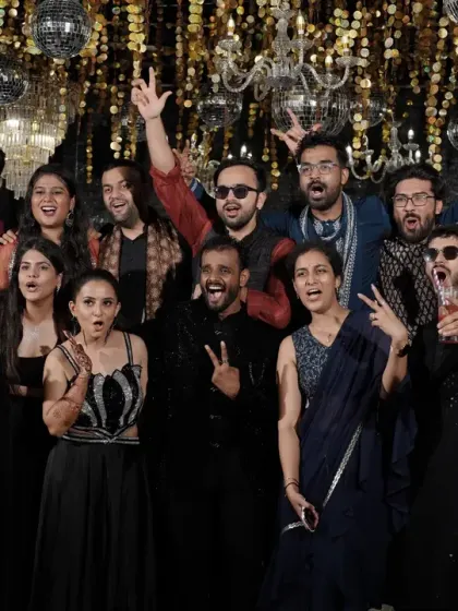 The groom's squad brings the energy to the dance floor at this glamorous sangeet.