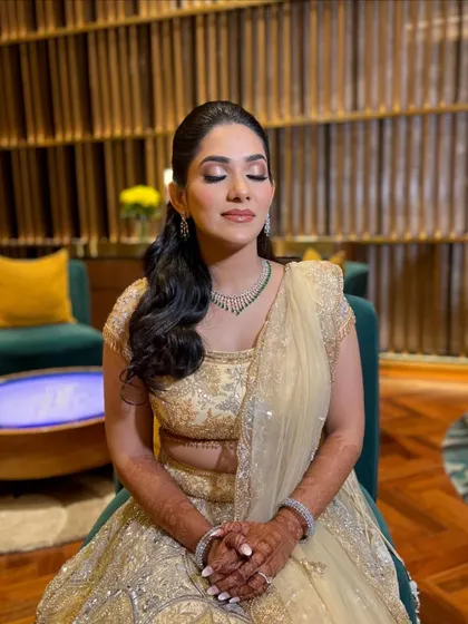 A final close up with her eyes closed, showing the flawless blend of her eyeshadow.