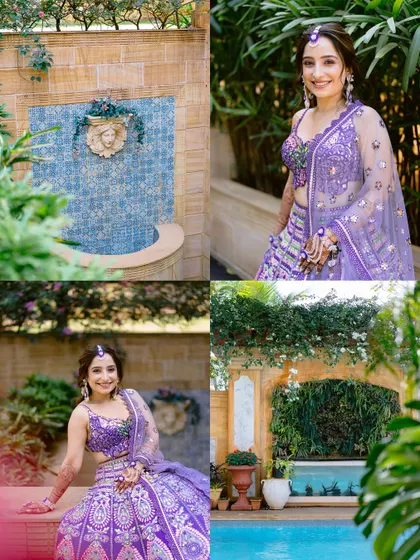 A collage showcasing the bride's beautiful purple lehenga and the stunning, lush venue for her Haldi ceremony at Della Resorts.