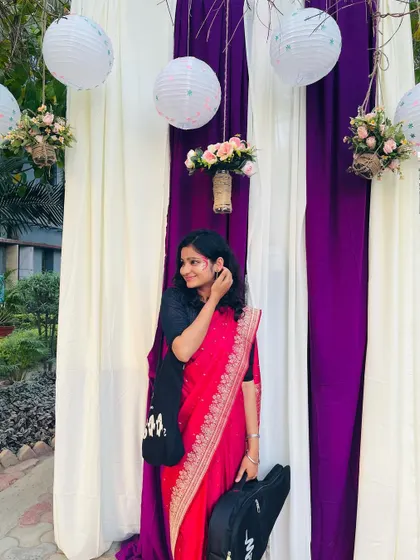 Another pose from the college fest, showing my saree and my guitar case. I'm always prepared to bring music wherever I go.