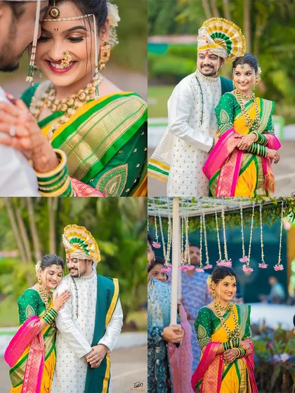 A collection of moments from a Marathi wedding, from intimate portraits to the bride's entrance, all highlighting their beautiful traditional attire.
