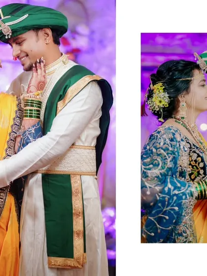 A diptych of the couple sharing a loving moment, highlighting their coordinated yellow and blue wedding outfits.
