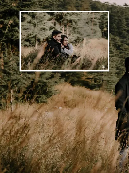 A cozy moment in the fields of Shimla, capturing the couple's warmth and connection.