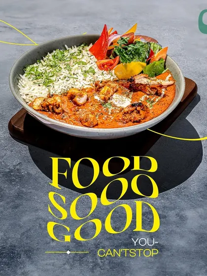 A hearty bowl of butter chicken with herbed rice. It's food so good, you can't stop.