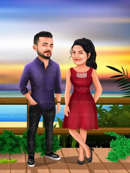 A stylish couple caricature set against a beautiful sunset beach. This is a great option for a pre-wedding theme or to remember a favorite vacation together.