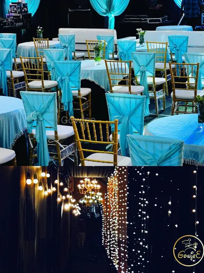 A collage of decor details from the turquoise reception, including chair ties and hanging lights.