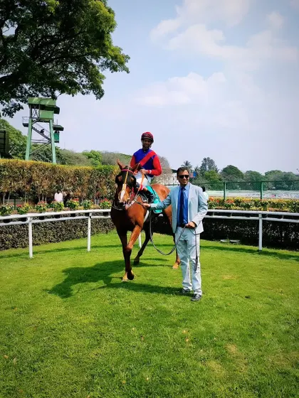 Mystical Air, with jockey P. Trevor, after winning The Press Reporters Cup.