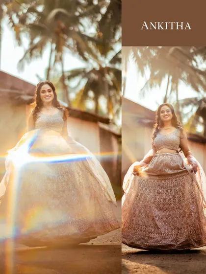 A diptych of the bride in her gorgeous lehenga, with a sun flare and palm trees in the background. The lens flare adds a touch of magic and warmth to this outdoor bridal portrait.