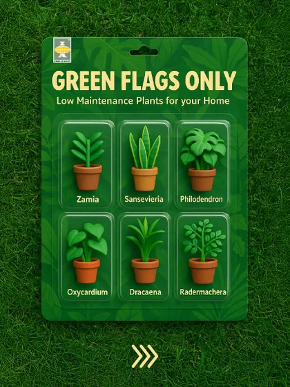 We call these our "Green Flags Only" plants. This fun graphic showcases our collection of low-maintenance houseplants, perfect for anyone who wants a beautiful green space without the constant worry.