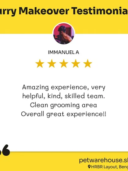 Immanuela describes her experience at our HRBR Layout store as amazing, highlighting our helpful, kind, and skilled team as well as the clean grooming area.