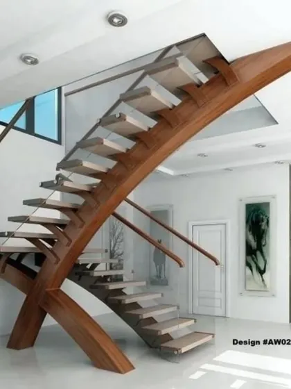 A render of a modern, sculptural staircase design. This shows how a staircase can be an artistic statement, using curved wood and glass to create a floating effect that is both elegant and dramatic.