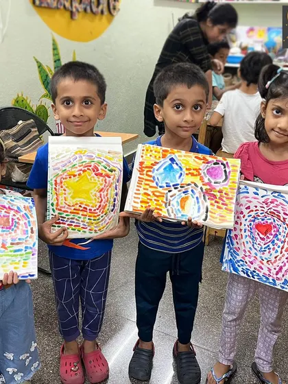 These dot-painting artworks are so vibrant! This technique is excellent for improving hand-eye coordination and control. The kids loved seeing their simple dots come together to form stars, hearts, and other fun shapes.