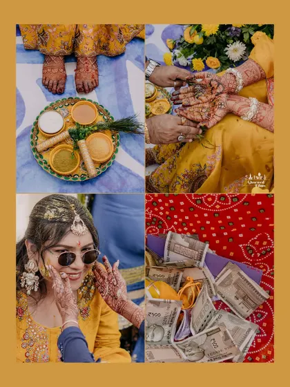 A collage of Haldi details: the turmeric paste, the bride's playful moment, and the traditional elements of the ceremony.