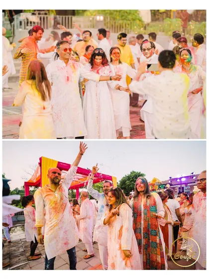 A collage of guests dancing and enjoying the festive atmosphere of the Holi party.