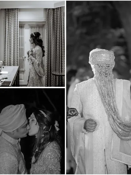 A black and white collage capturing behind-the-scenes moments of a wedding, from the bride getting ready to the groom's entrance.