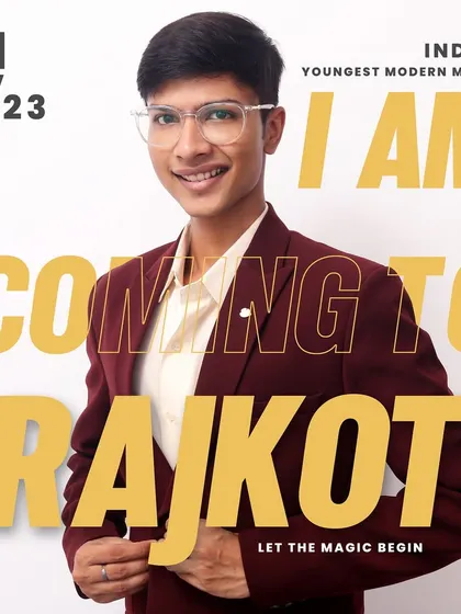 "I am coming to Rajkot, Gujarat." A poster announcing my show, ready to bring a new magical experience to the city.
