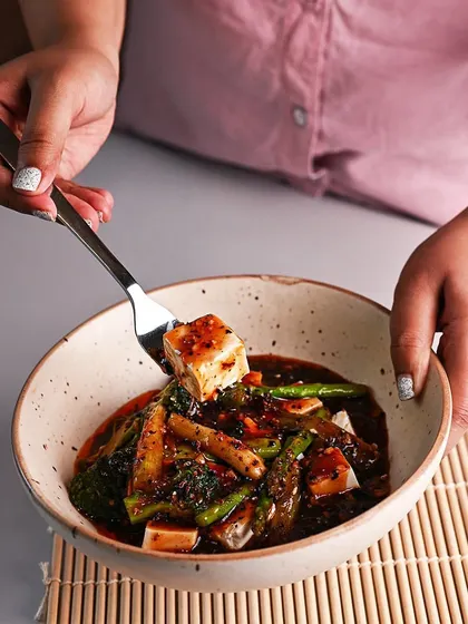The best way to enjoy tofu is in a bowl like this. I source the finest tofu to make a range of dishes, including Burnt Garlic Tofu and this Sichuan Style Asparagus Tofu.