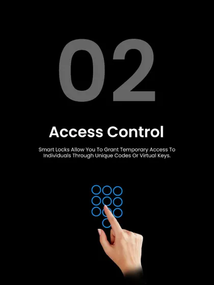 Benefit two: Advanced Access Control. You can grant temporary access to individuals like delivery personnel or guests using unique codes or virtual keys, which can be revoked at any time.