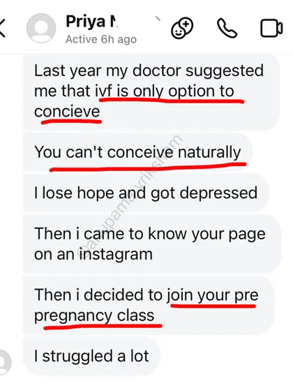 A doctor told her IVF was the only option and she couldn't conceive naturally. She lost hope, but then joined my class and found her way.