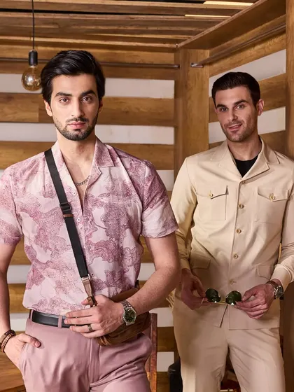 My shirts can go from day to evening without much effort. Here, a printed mauve shirt is styled for a casual day out, paired with a shacket for a complete, layered look.