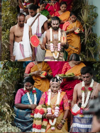The procession of the bride and groom during their wedding ceremony, showing the traditional elements and family involvement.
