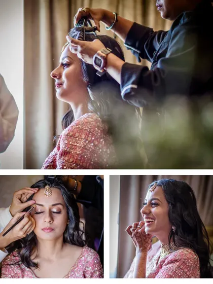A collage showing the bride's transformation. From hair and makeup to the final look, these candid moments capture the excitement of getting ready.